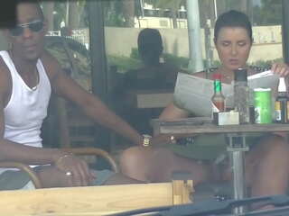 Cheating Wife &num;4 third part - Hubby vids me outside a cafe Upskirt Flashing and having an Interracial affair with a Black Man&excl;&excl;&excl;