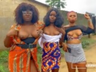 Amateur trio of big tits African babes head out of a jungle rave to get strap on fucked