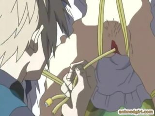 Chained hentai maid gets shoved speculum into